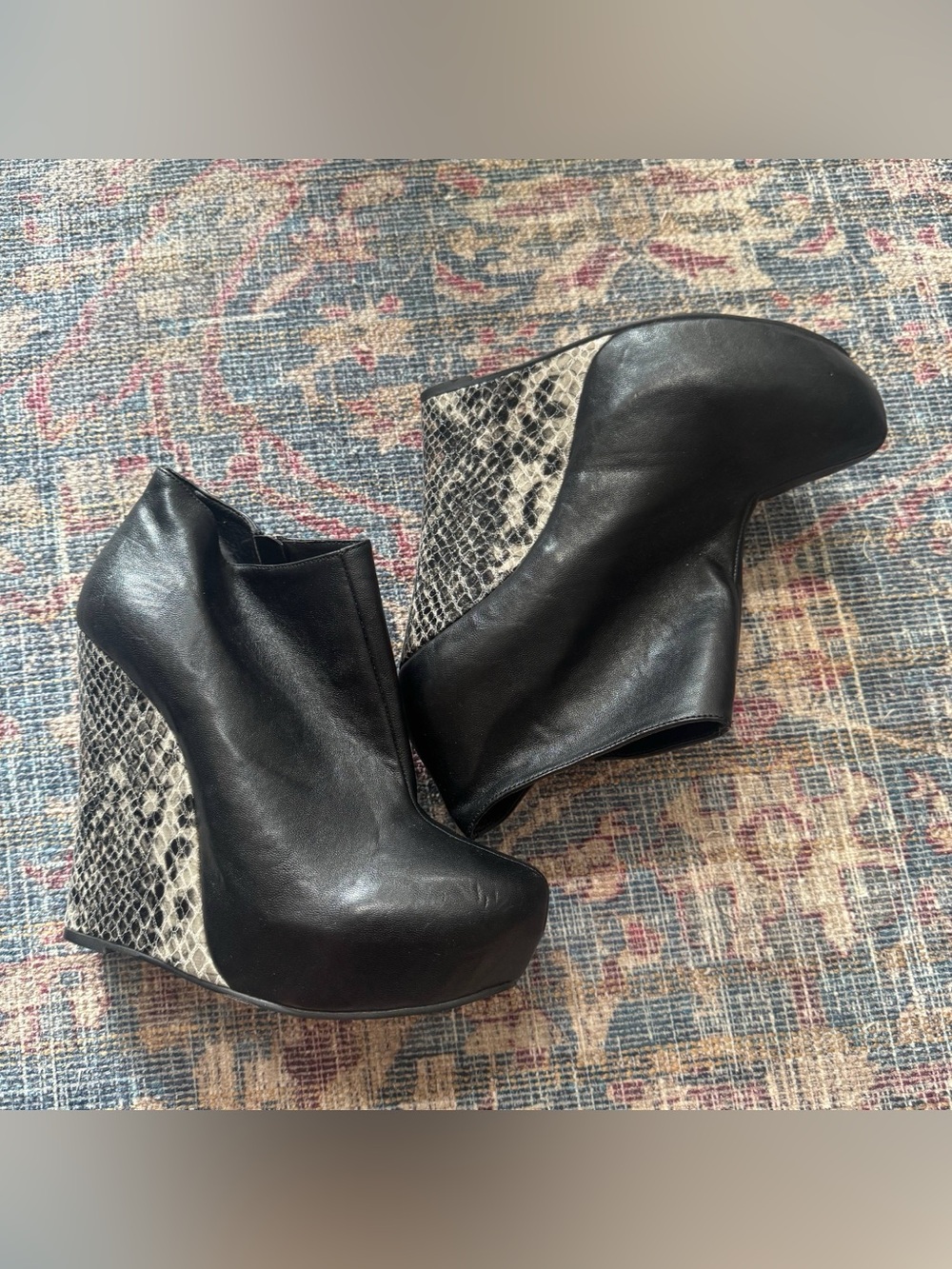le chateau Black Leather Wedge Booties with Snakeskin-Pattern Heel